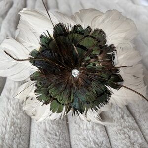 Feather Flower Hair Band - White & Peacock Green